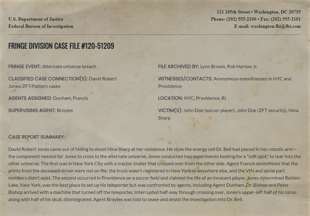 Fringe Division case file