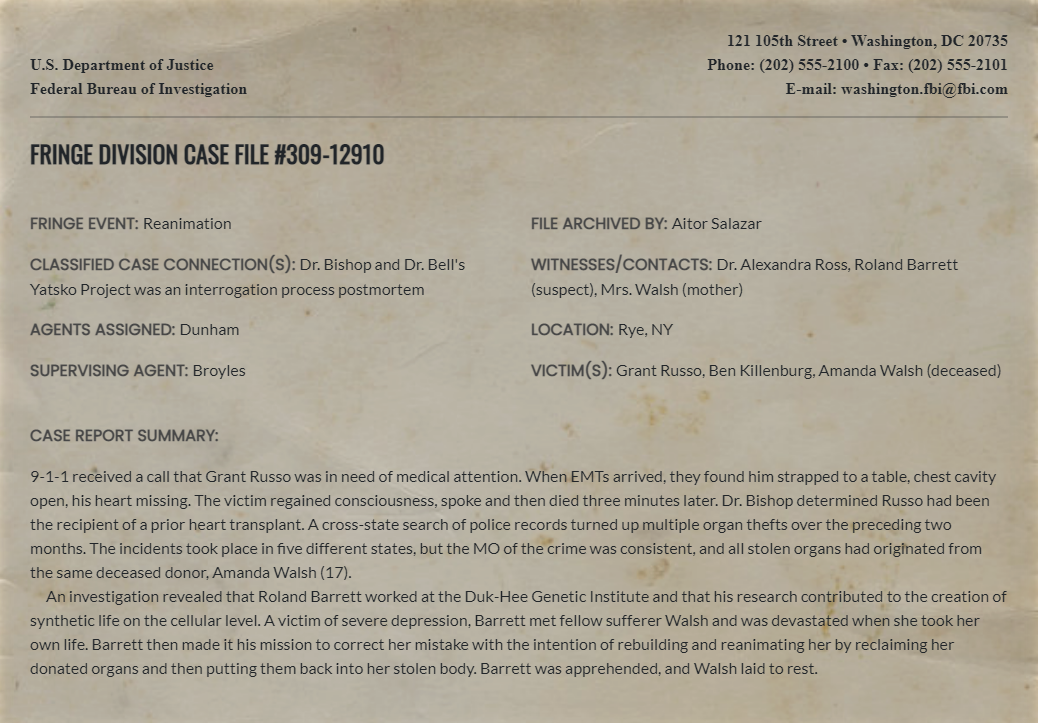 Fringe Division case file